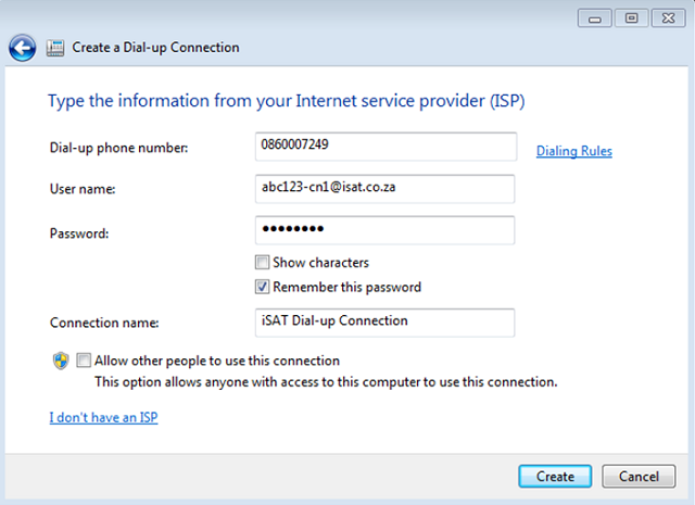 Create a dial-up connection