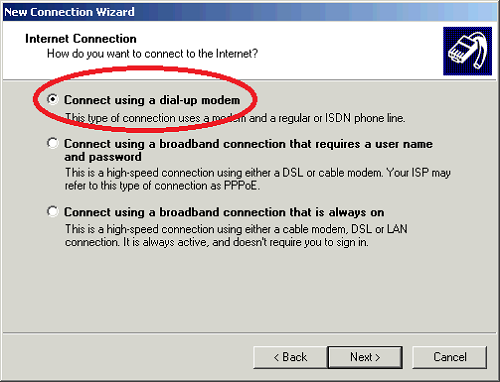 Connection using a dial-up modem
